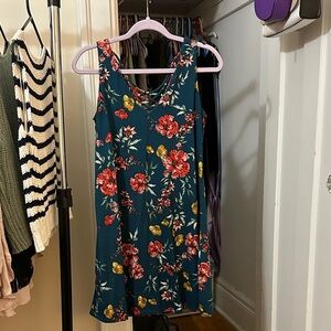 nine britton Teal Floral Midi Dress with Red & Yellow Blooms